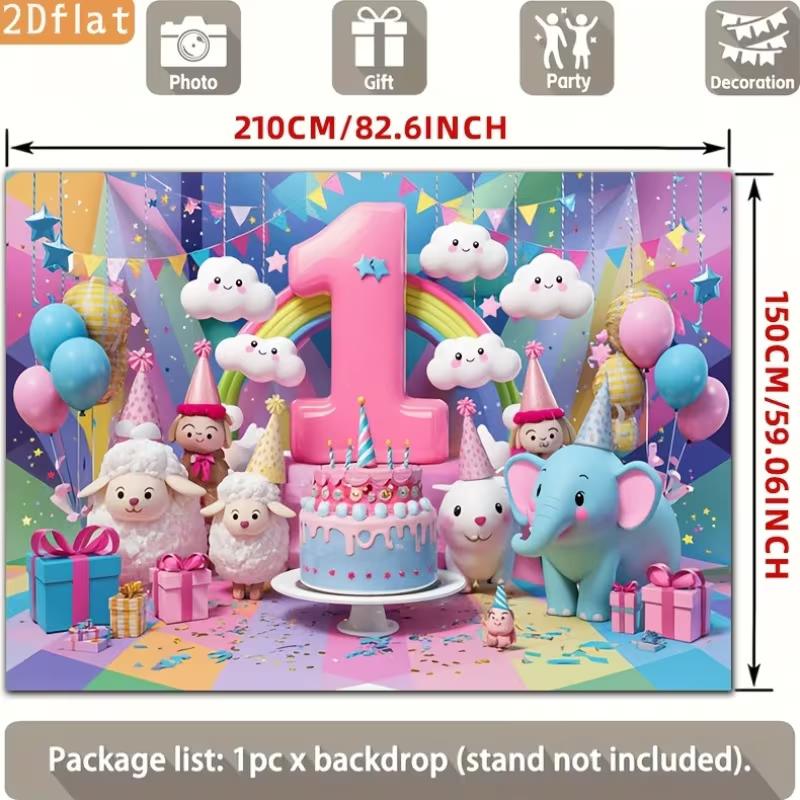 2D 1st Birthday Photography Backdrop Cartoon Animals & Rainbow Baby Shower Background