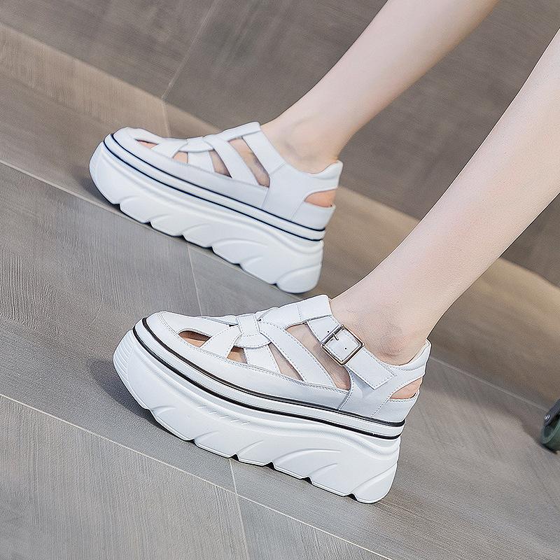 Little White Shoes for Women In the Summer of 2025, New Fashion Sandals, Hollow Thick Soles, 9 Cm Higher, Secretary Sticker Muffin Bottom