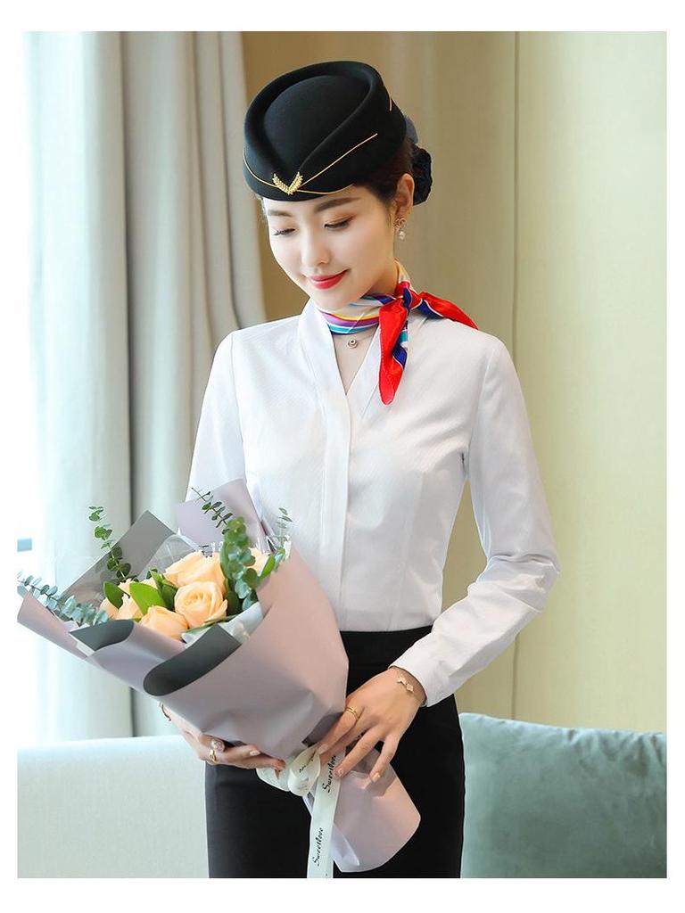 Women's White V-neck Professional Flight Attendant Shirt: Interview and Workwear Suit for Airline and Hotel Staff