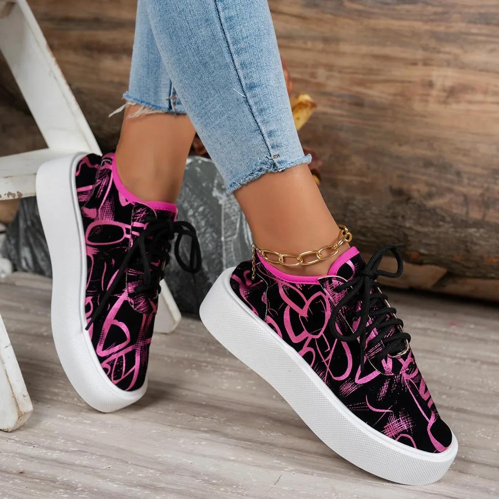 Fashion Platform Sneakers for Women Autumn New Thick Bottom Lace-Up Sports Shoes Woman Casual Non Slip Graffiti Color Sneakers