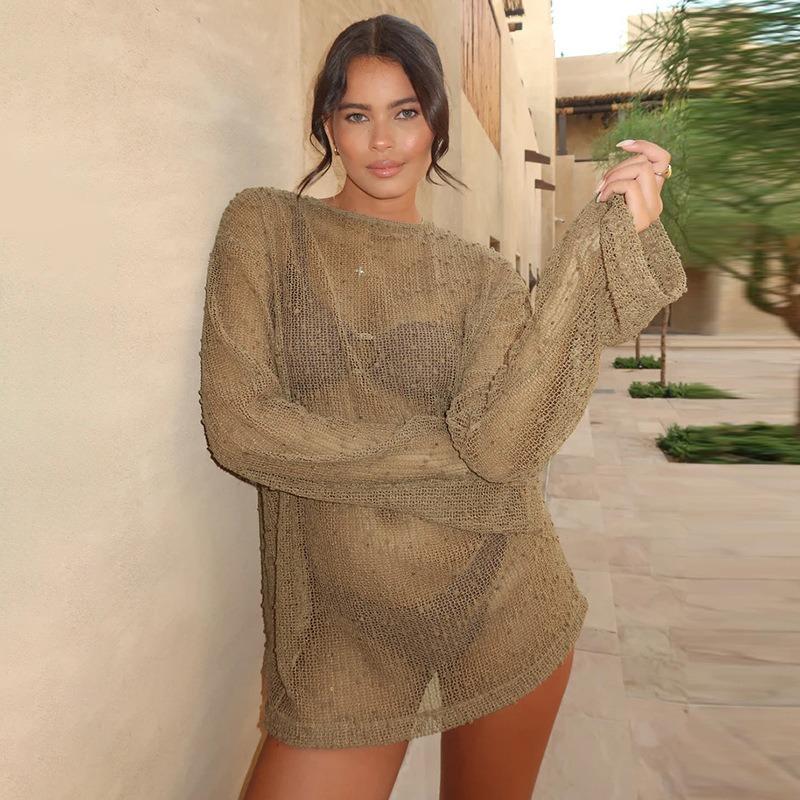 Sexy Perspective Knitted Hoodie Women's Solid Color Loose Round Neck Long Sleeved Top T-shirt Summer New Fashion