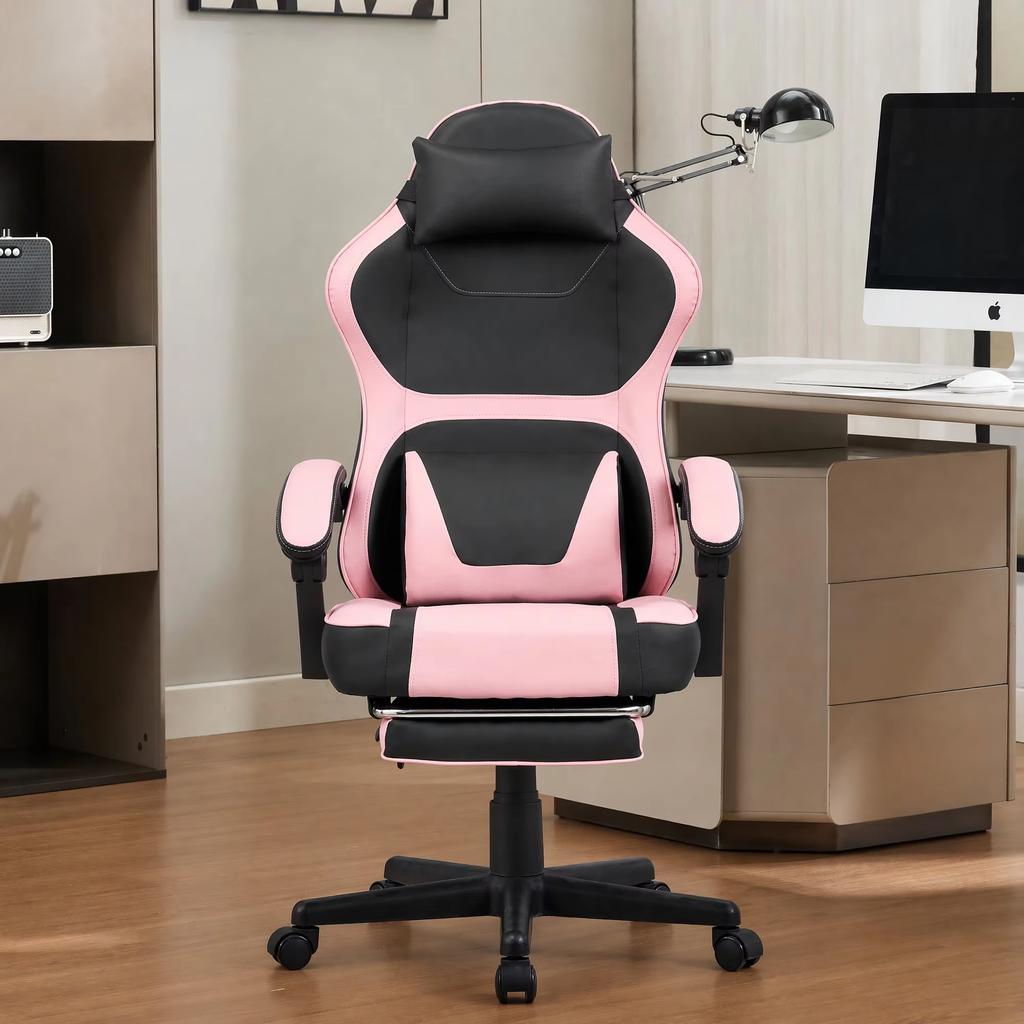 Ergonomická herní židle v Kawaii stylu (Růžová a Černá) s výsuvnou opěrkou nohou a bederní opěrkou – Všestranné pro domácí kancelář a relaxační přestávky.
