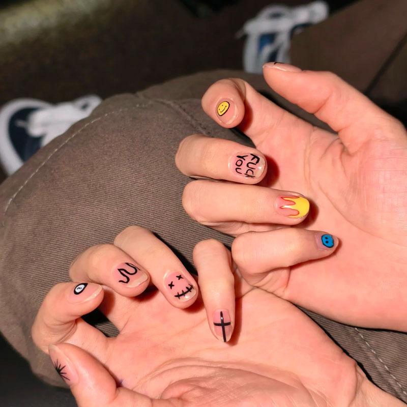 30Pcs Cute Cartoon Short Bean Shaped Press On Nails Autumn Winter Niche Design Fake Nails Gift For Girls And Friends