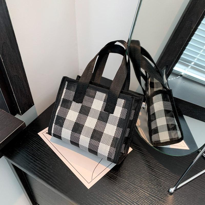 Mesh Small Square Bag Fashion Plaid Handbag Multi-Functional Small Square Bag Simple Wash Bag