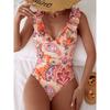 Orange Flower Print Backless Swimwear Ruffle V Neck Swimsuit Woman One Piece Back Lace-up Bathing Suit Ruched Swimming Wear