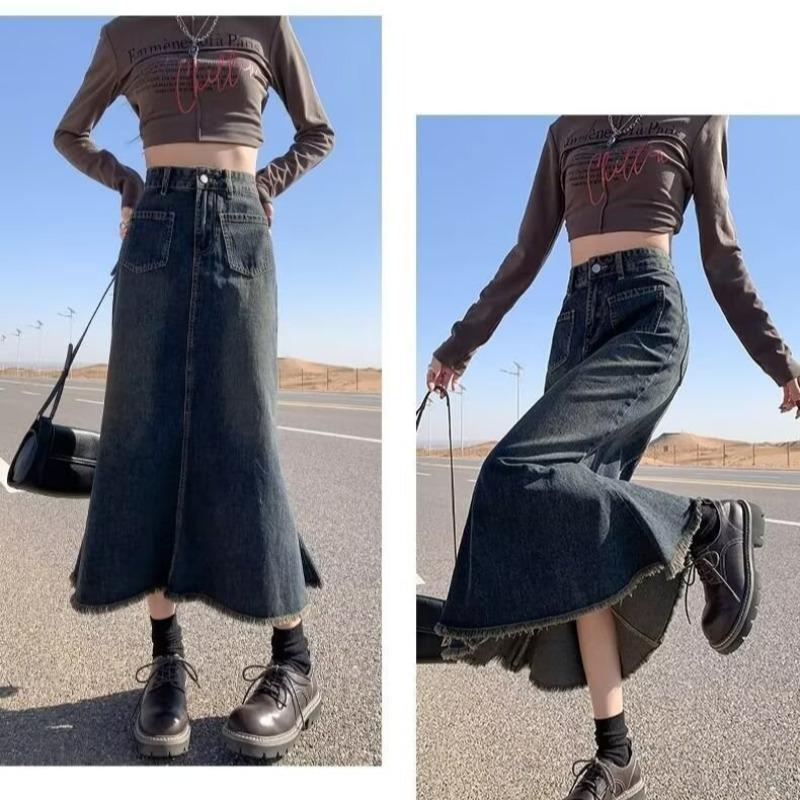 Γυναικεία Μπλούζα Μεγάλου Μεγέθους Α-Γραμμής Ρετρό Τζιν Μίντι Φούστα - Ψηλόμεση, Στενή Γραμμή, Ακατέργαστη Άκρη, Σχέδιο Ουράς Ψαριού για Άνοιξη και Φθινόπωρο