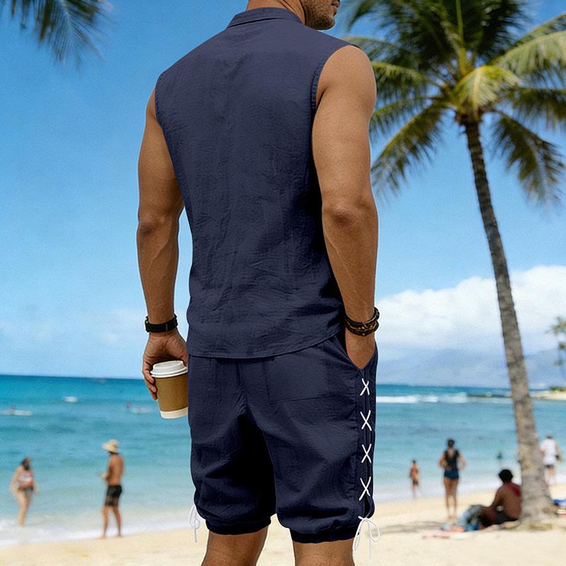 Men's Linen Plus Size Sleeveless Stand Collar Jogger Shorts Set with Drawstring