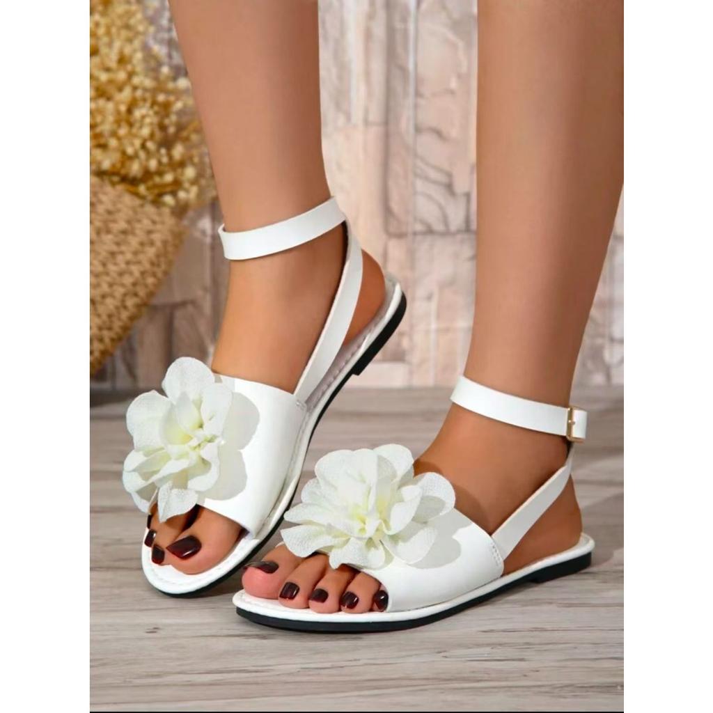 Women's Casual Flat Shoes,Flower Decoration Buckle Strap,Bow Ankle,One Strap,Fashion Sandals,Suitable for Summer Outdoor