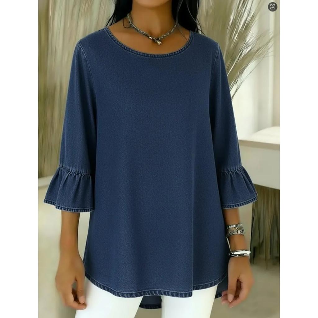 Spring Summer Casual Women's Crew Neck T-shirt Flounce Sleeve 3/4 Sleeve Top