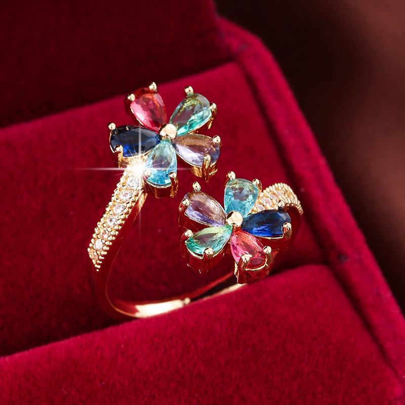 Trendy Flower-Shaped Colorful Zirconia Adjustable Ring