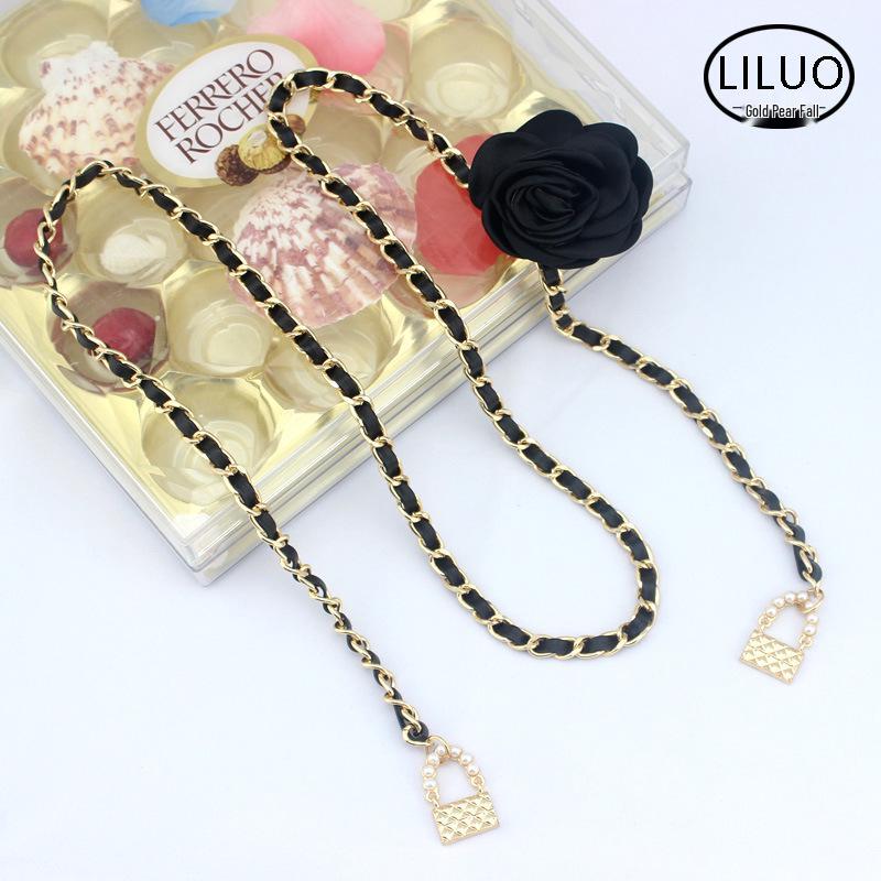 

Пояс-цепочка на талию с цветком камелии для женщин - Элегантный аксессуар для платьев и джинсов чёрный