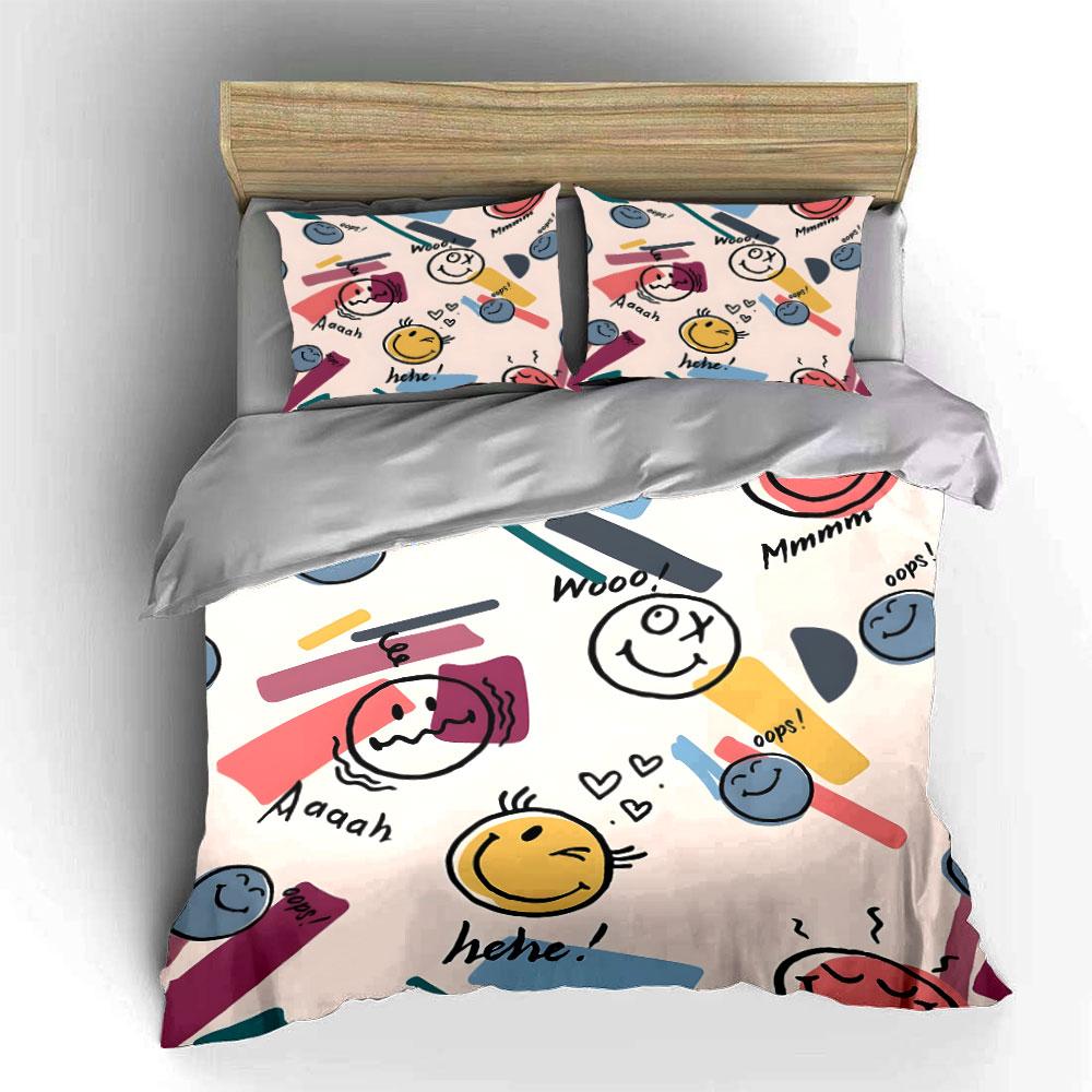Smiley Faces and Fun Text Bedding Duvet Cover Set  (1*Duvet Cover 2*Pillowcases, Without Duvet Insert)