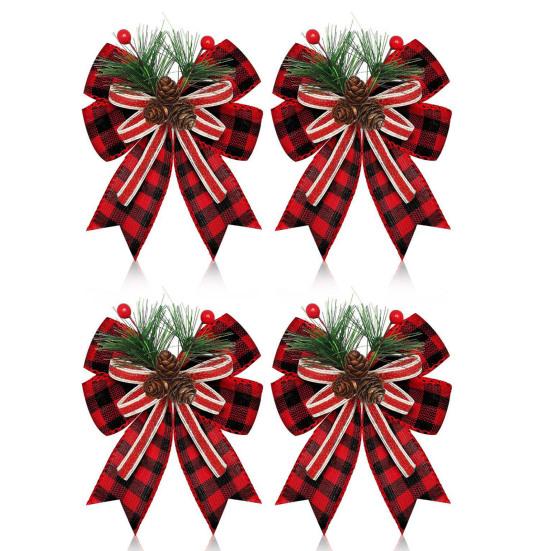 Christmas Bows with Pine Cones Pine Needles Buffalo Plaid Ribbon Bows Christmas Tree Wreath Decoration for Gift Wrapping