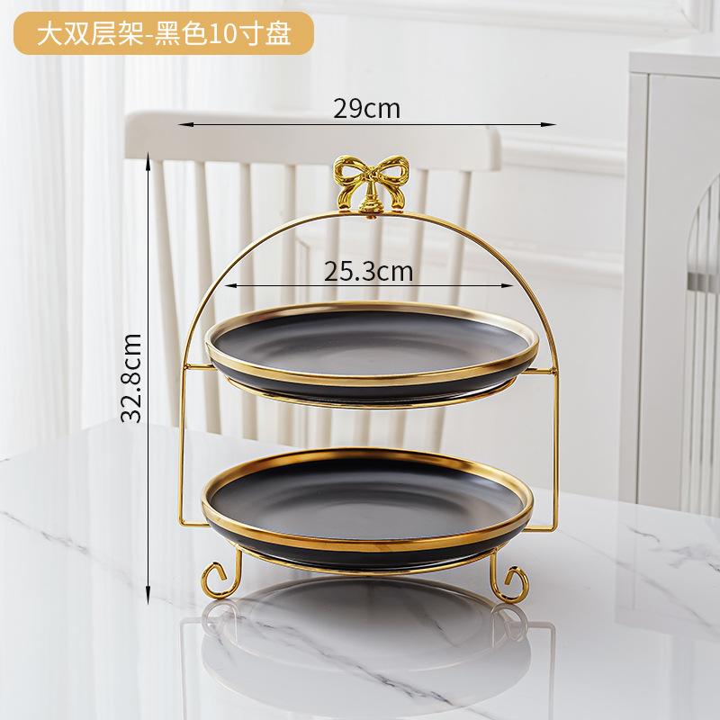 Golden Edged Double-layer Ceramic Tray, Cake Rack, Snack, Fruit Tray, Afternoon Tea Dessert Display Stand, Metal Bow Bracket