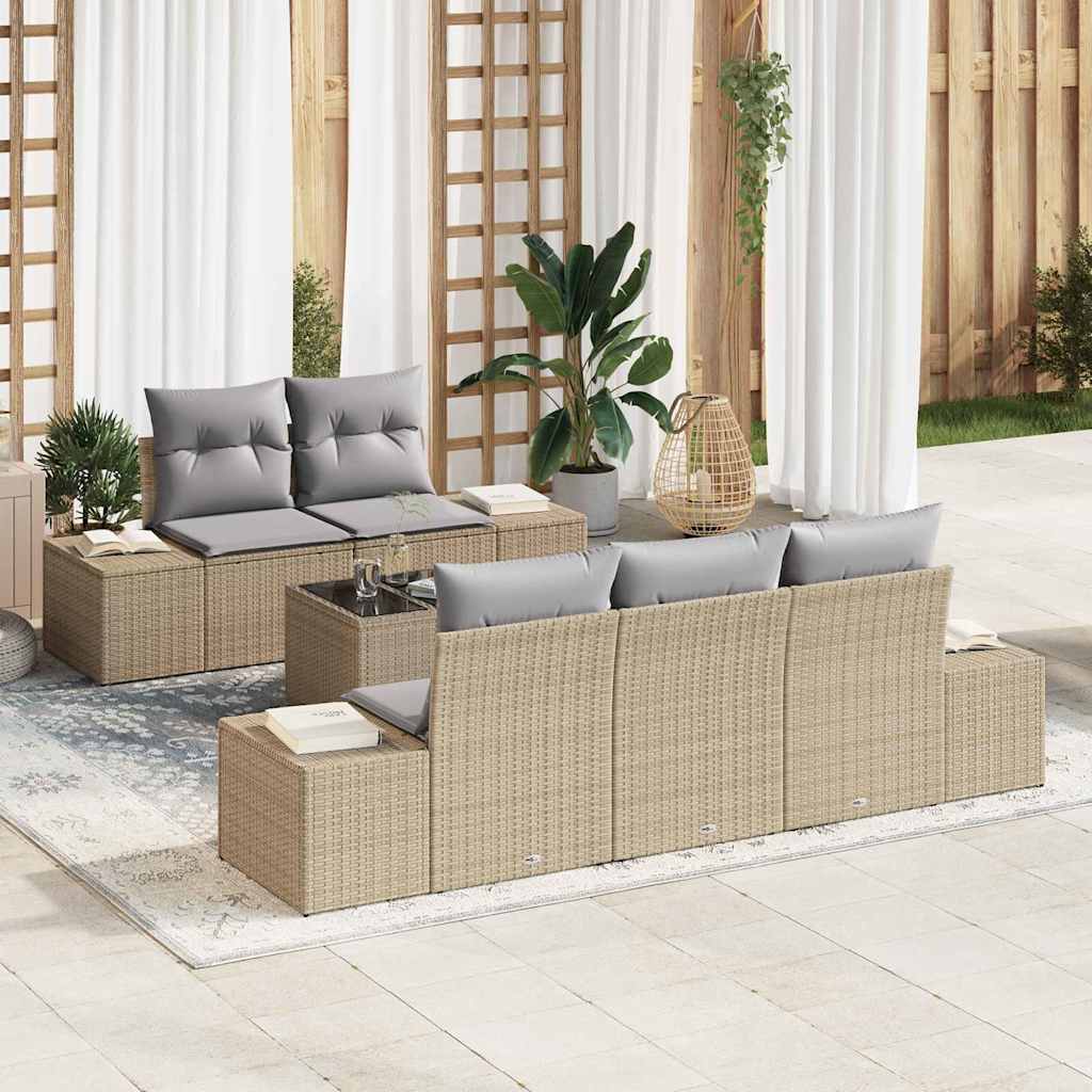 Sofa Set with Cushions Beige Poly Rattan