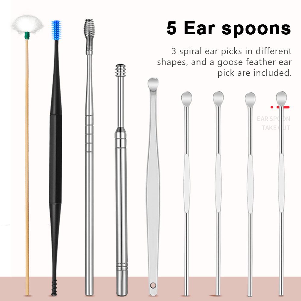 9pcs/set Ear Cleaner Kits Stainless Steel Earpick Wax Remover Curette Goose Feather Ear Pick Ear