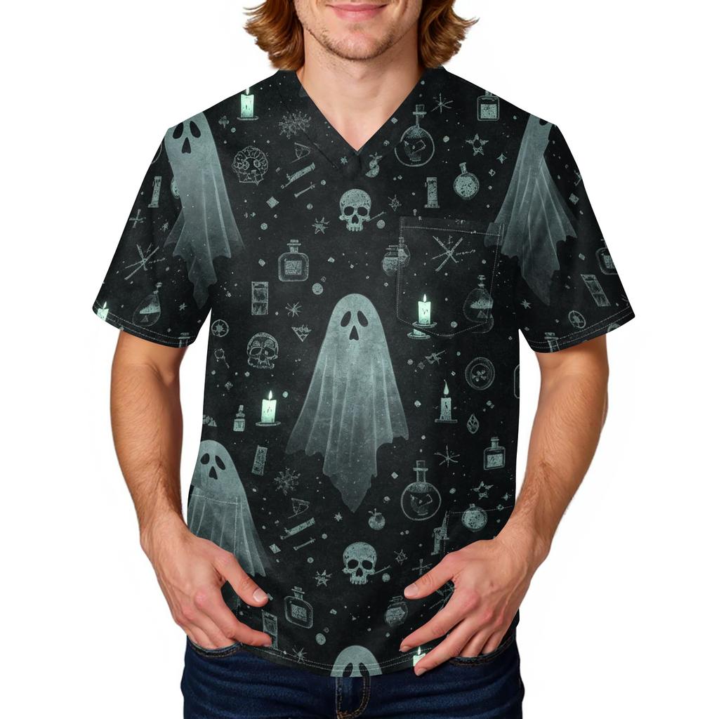 Camisa de Uniforme de Trabajo para Hombre de Manga Corta con Estampado de Halloween