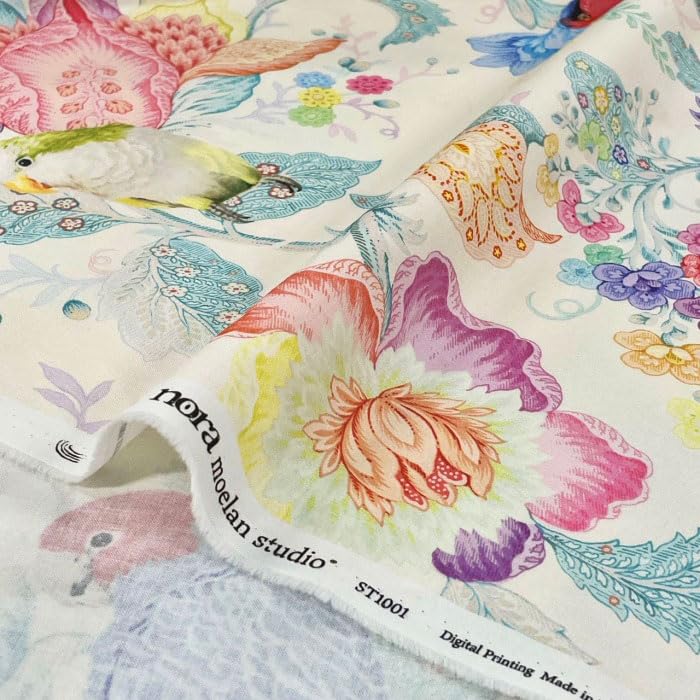 ST1001 Stylish Pattern Cotton Made In 21A Width 110cm X Nora. Bird, Parakeet, Parrot, Floral, Plant, Sarasa, Tropical, Large, Fabric, Handmade,