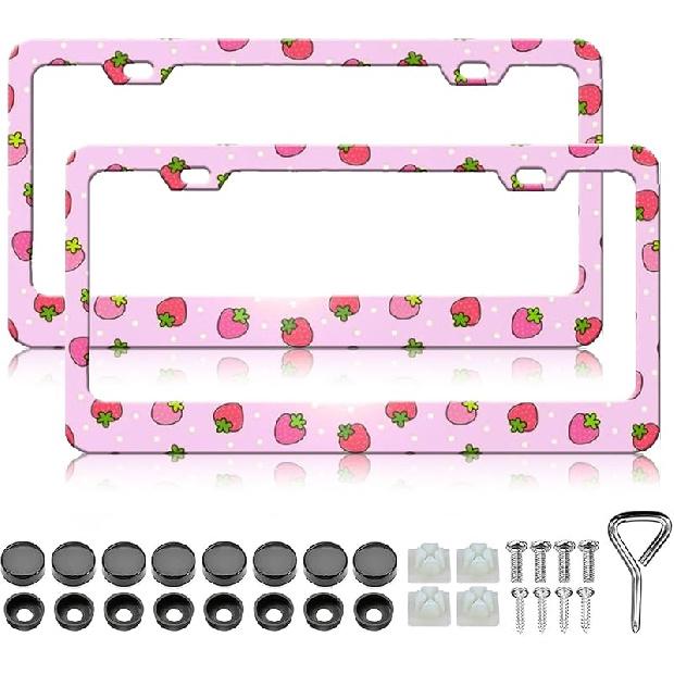 Cute Pink Strawberry License Plate Frames Holder - 2 Pack Fruit Pattern License Plate Holder Universal Aluminum Metal Rust-Proof Waterproof Car Cute Strawberry Pink