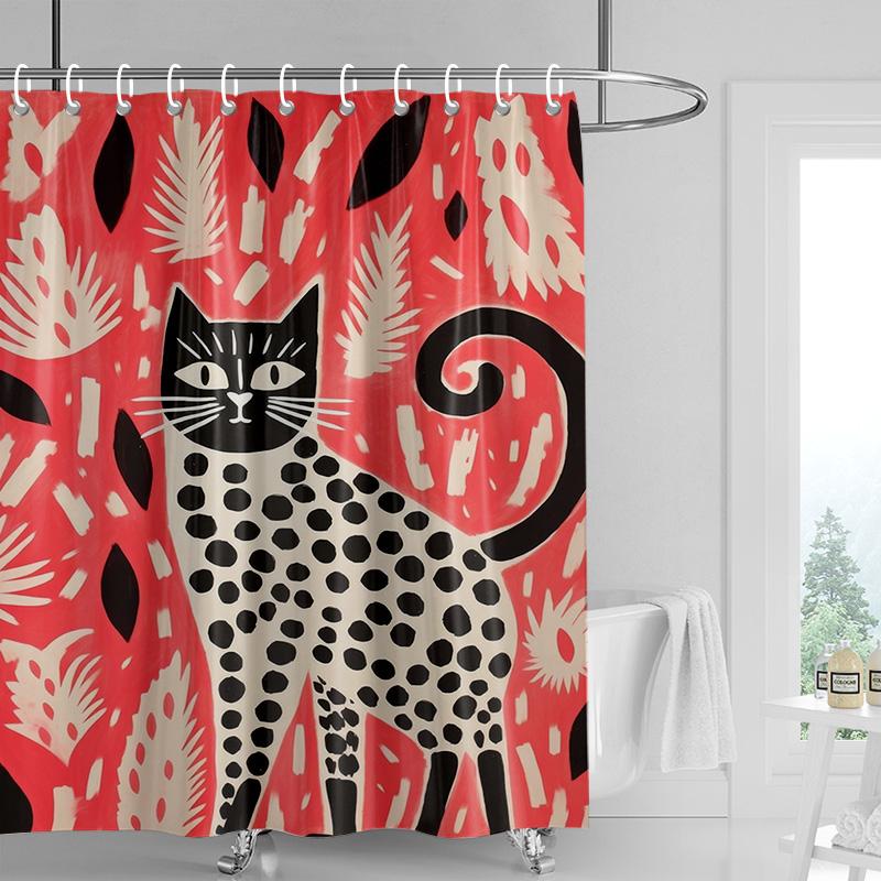 Pink Cat Shower Curtain, Black Spots & Multicolor Dots Design, Waterproof Bathroom Decor For Modern & Playful Homes