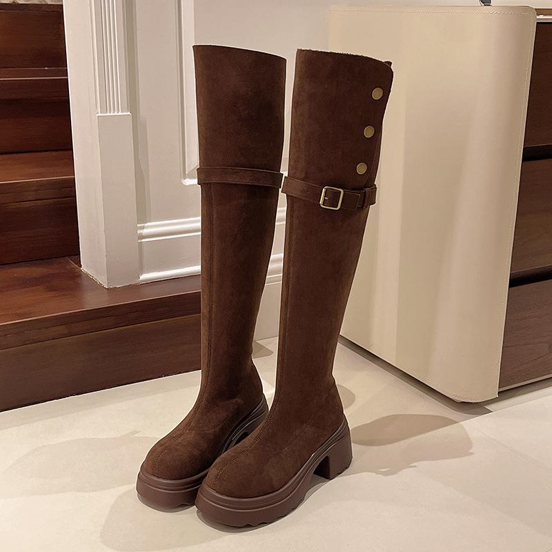 

Two wear folded thick-soled boots for children in the autumn and winter of 2025, new fashionable versatile thick-heeled knee knight boots 40 коричневий