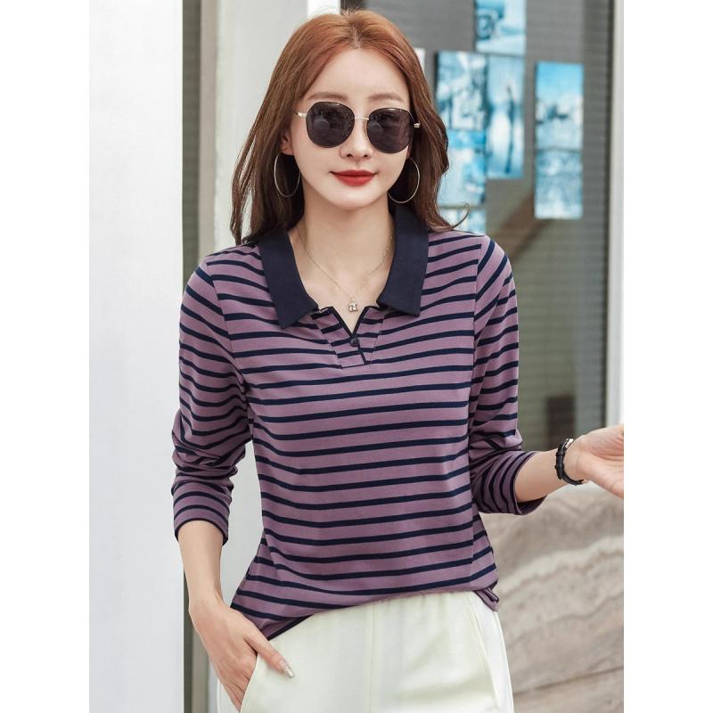 New Striped Polo Shirt Plus Size Women's Autumn Long Sleeve Base Korean Style Casual Ladies T-Shirt Age-Reducing Top Turn-Down Collar