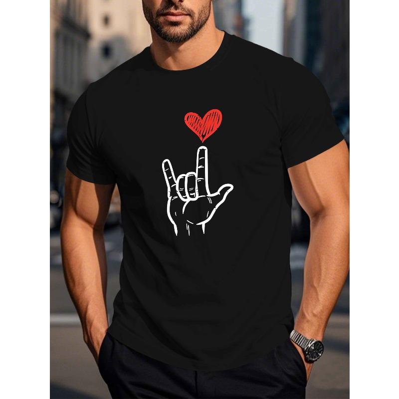 Men'S Valentine'S Day I Love You Graphic T-Shirt - Casual Short Sleeve Round Neck Summer Top with Red Heart  Hand Symbol, Breathable for Casual Attire
