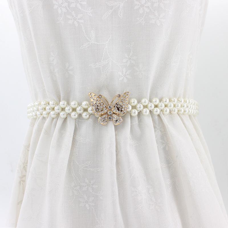 Women'S Rhinestone Pearl Waist Chain Dress Decorative Elastic Belt Women'S Sweet Flower Elastic Waist Seal