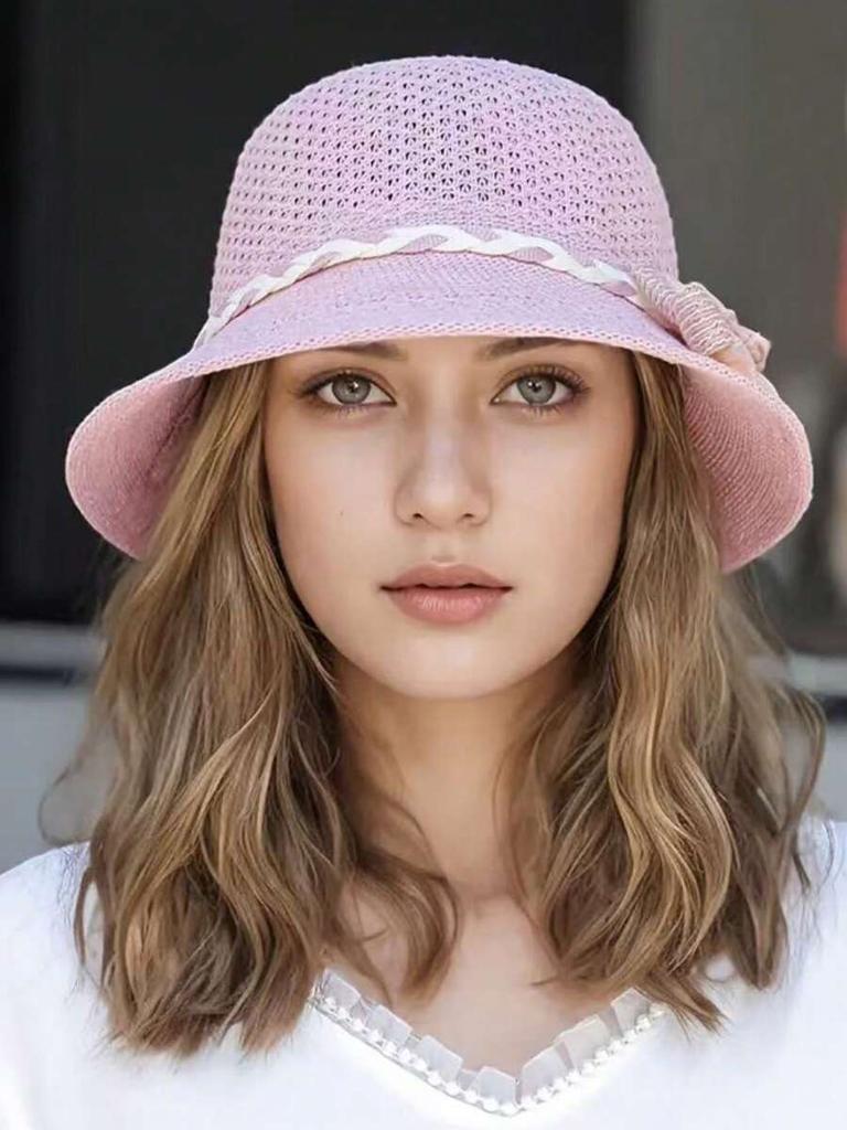 Womens Knitted Wide Brim Straw Sun Hat With Floral Bow Decor