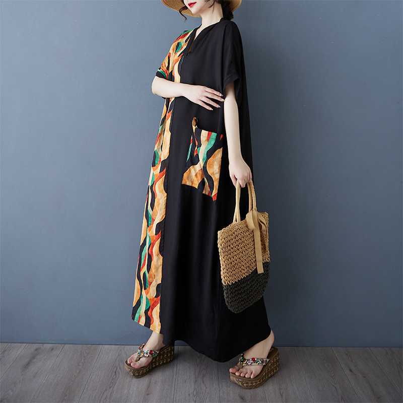 Colorful Patchwork Black Long Dress Vintage Robe