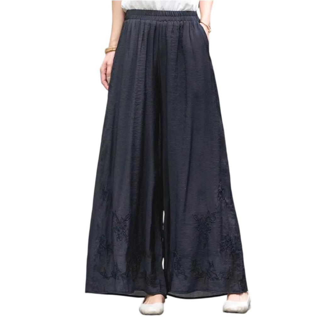 Pantaloni Casual da Donna alla Moda in Cotone e Lino Ricamati a Doppio Strato con Gamba Dritta