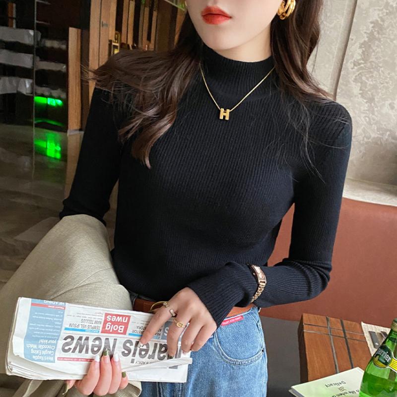 Fashion Solid Half High Neck Knitted Sweater Women Slim Fit Casual Elegant Pullover Sweaters Autumn and Winter Long Sleeve Knitwear Sweater Tops 24841
