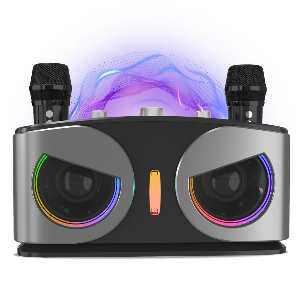 HolyCrab Karaoke Set [New Design] with Enhanced Treble and Bass, Bluetooth 5.3, Two Wireless Microphones, Dual Passive Radiators, RGB LED Rhythm