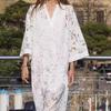 Fall Women Dress Hollow Lace Crochet Patchwork Double-layer V Neck Loose Three Quarter Sleeves Floral Embroidery Ankle Length Commuting Dating