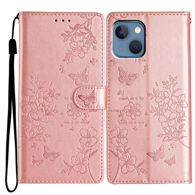 

For iPhone 13 Case Butterfly Floral Imprint Leather Wallet Phone Cover with Strap - Rose Gold