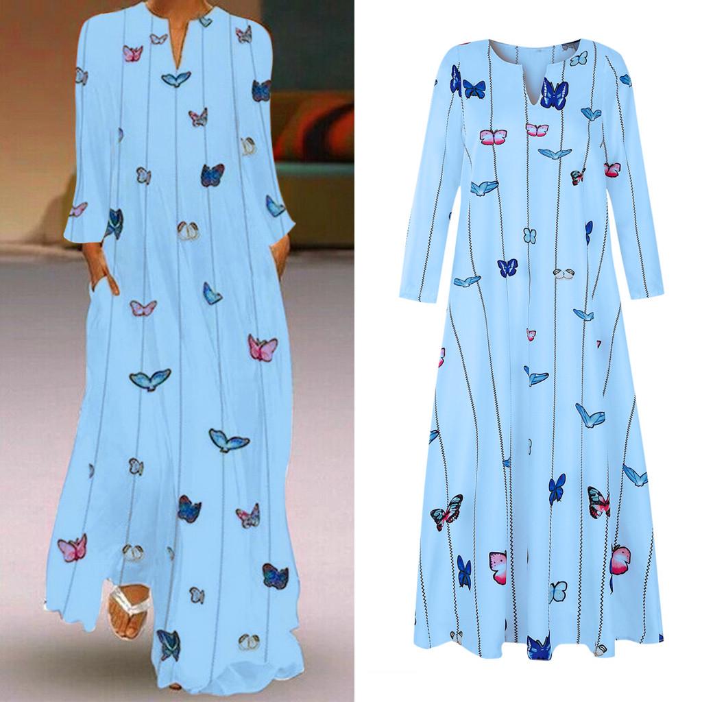

Women Vintage Daily Casual Long Sleeve Striped Butterfly Printed Dress L