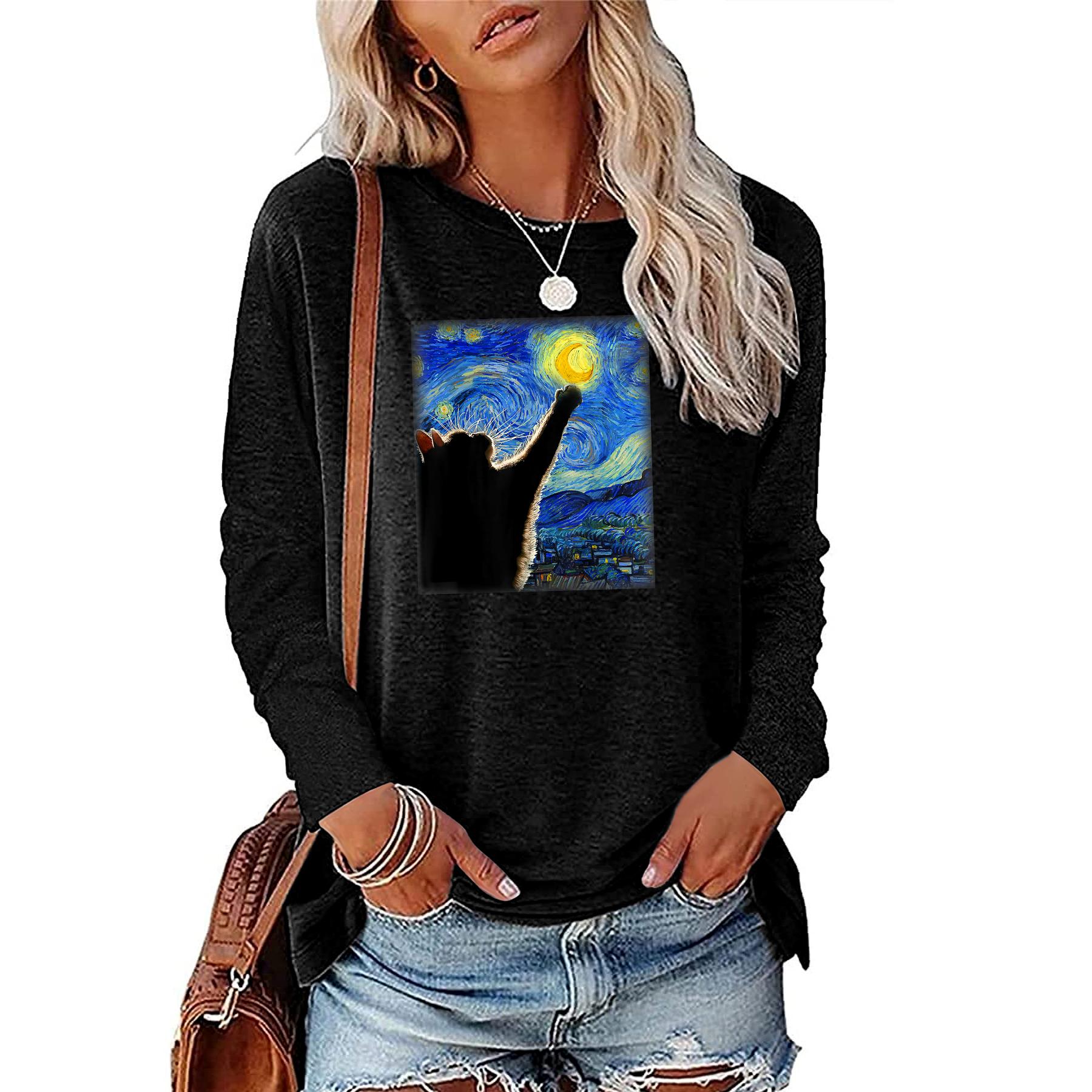 

Женская футболка с принтом Quiet Starry Sky Little Cat Touch the Moon, хлопок обычного цвета, с длинными рукавами XL