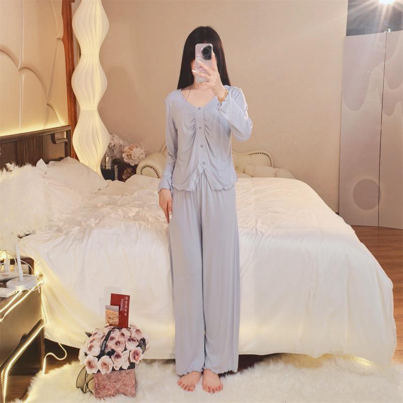Modal Women's One-Piece Pajama Set with Built-In Bra - Long Sleeve, High-End, Home & Outdoor Wear for Spring & Autumn