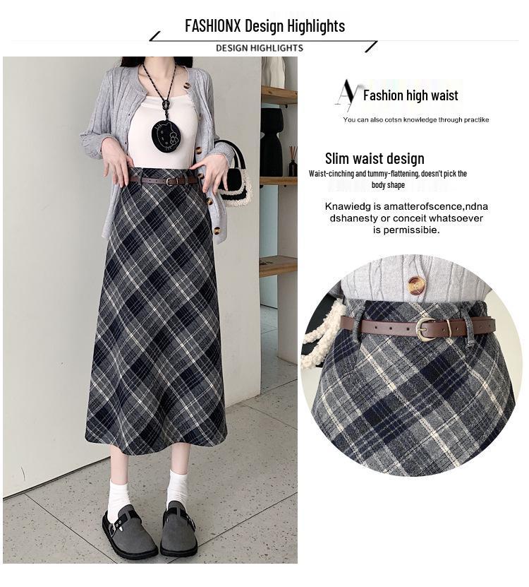 Plus Size Korean-Style Plaid Wool Skirt with Belt for Women