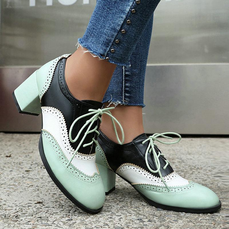 Brock Women's Single Shoes Candy Color Patent Leather Color Matching Thick Heel High Heel Front Lace-up Retro British Style Leather Shoes High Heels