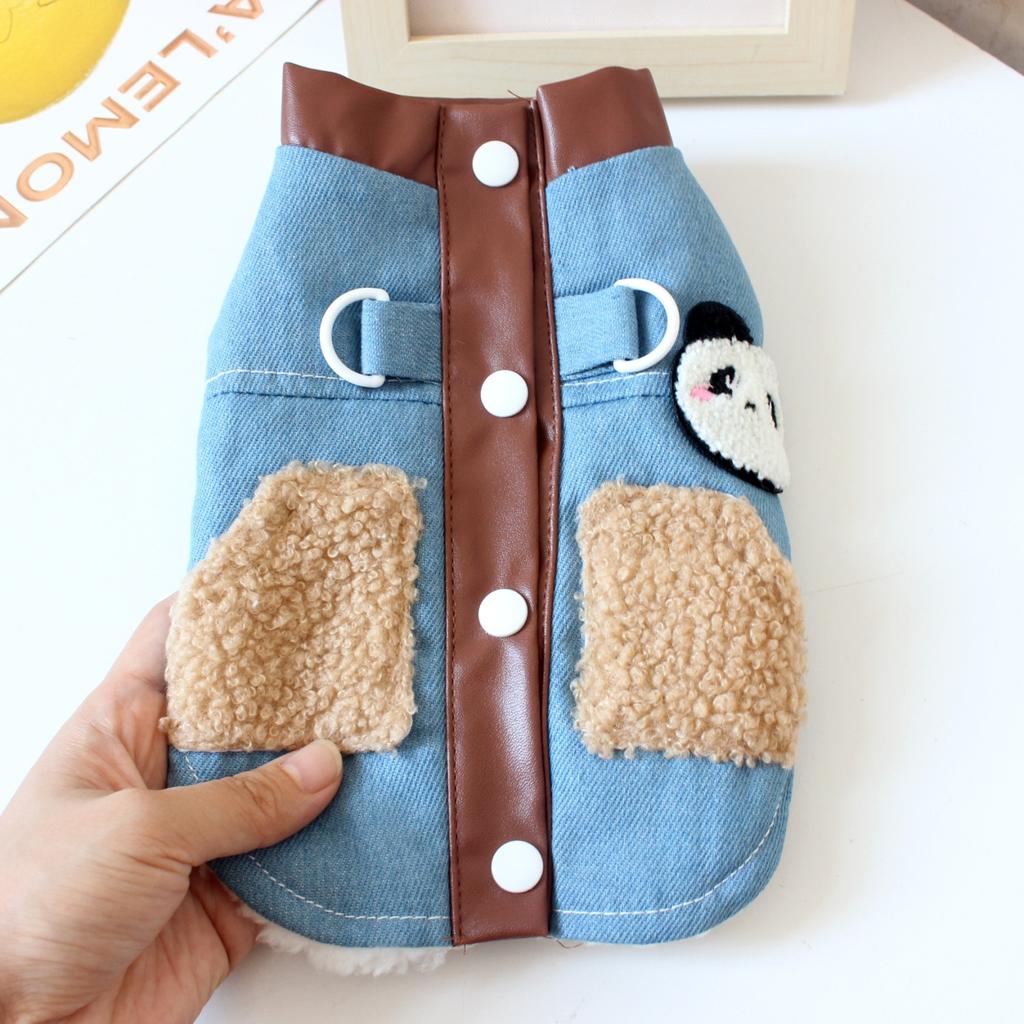 Dog cat clothes autumn and winter thick panda denim cotton-padded jacket velvet warm autumn winter clothing leash dog clothes