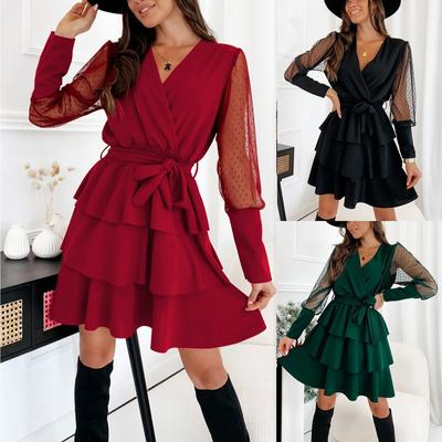 Women's Casual Color Patchwork Mesh Sleeves Long Sleeve Dress Cake Dress