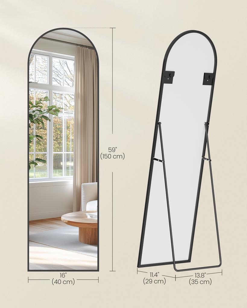 SONGMICS Full Length Mirror, 150 X 40 Cm, Arched Full Body Mirror with Stand, Aluminium Alloy Frame, Tempered Glass, for Bedroom, Living Room