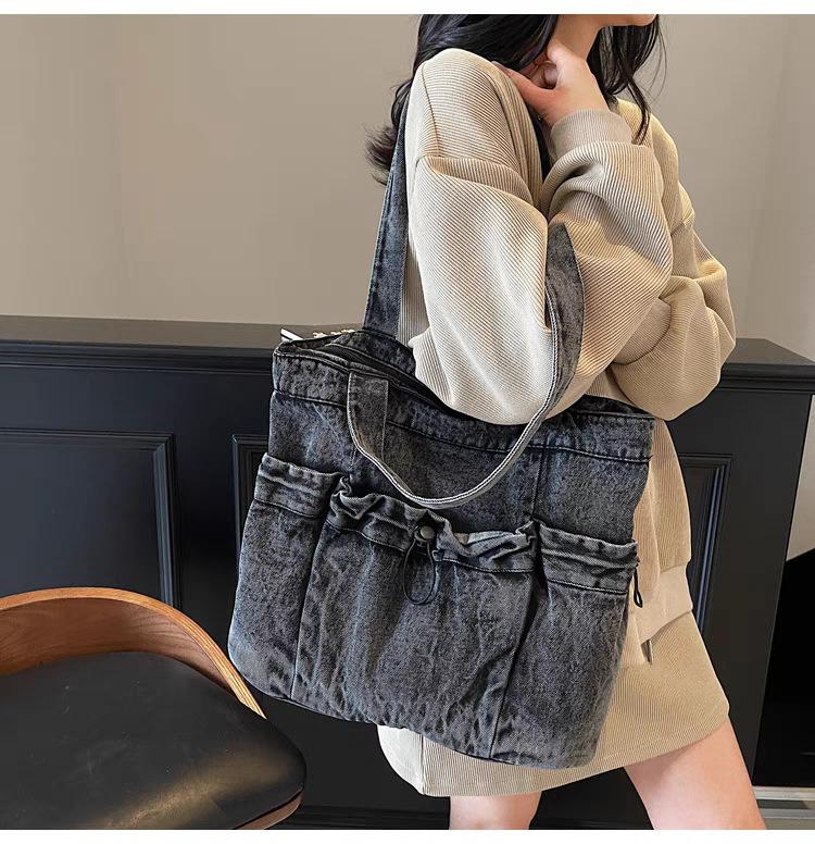 Hong Kong Style Retro Denim Bag Women s Commuting Large Capacity Tote Simple Casual Shoulder Trendy 34x12x31