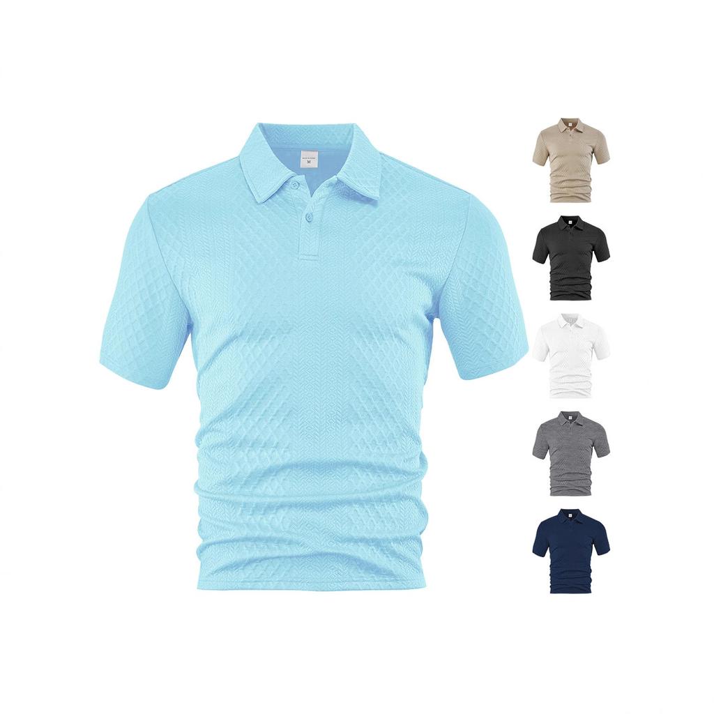 European and American Men's Clothing Summer Thin Loose Breathable Casual Solid Color Jacquard Lapel Short-sleeved Men's Polo Shirt