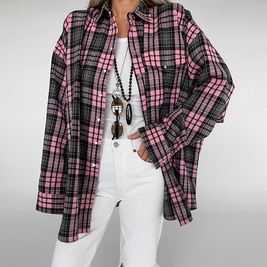 Autumn Fashion Wear Minimalist Loose Lapel Shirt Russian Classic Plaid Long-sleeved Shirt Women's Clothing