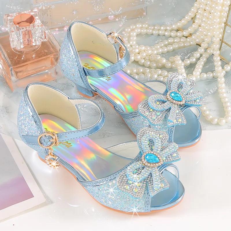 Summer Girls Sandals With Heel Fashion Rhinestone Shiny Glitter Shoes Children Princess Bowtie Pearl Dancing Shoe
