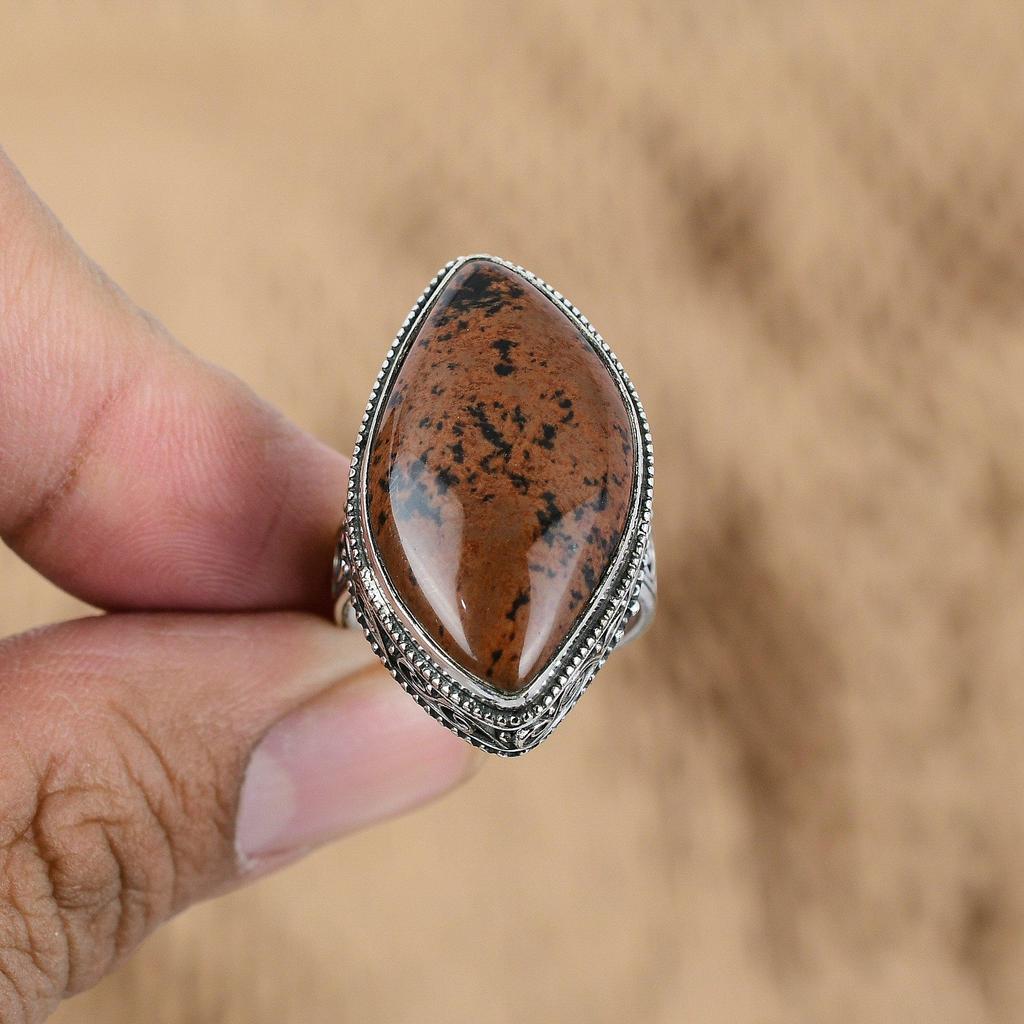 Natürlicher Mahagoni-Obsidian Edelstein Mehrstein Vintage Ring Größe 9 925 Silber