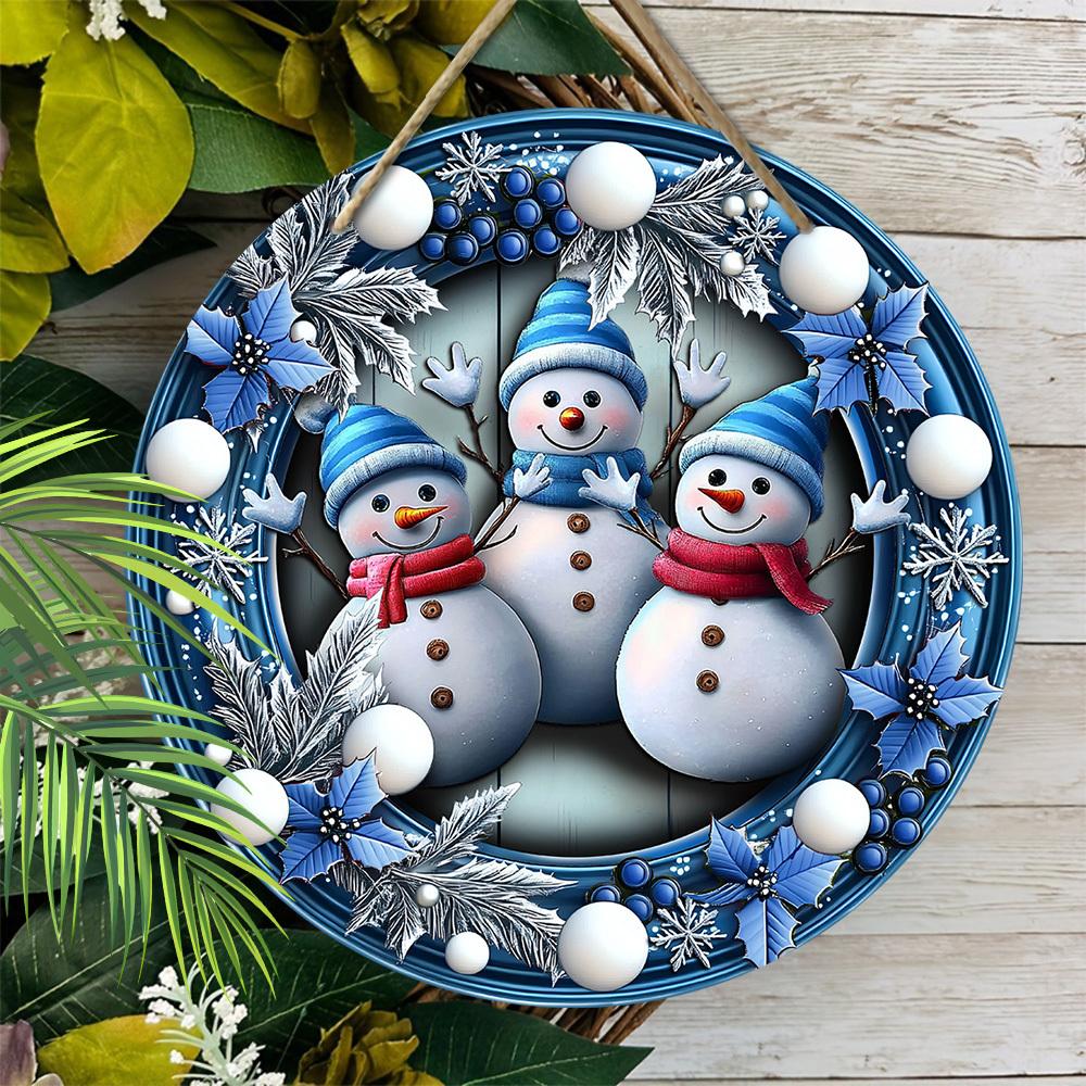 Adorable Snowman Wooden Christmas Sign, Cute Winter Wonderland Round Sign for Front Door Wall Hanging Decor, Ideal Christmas Ornament
