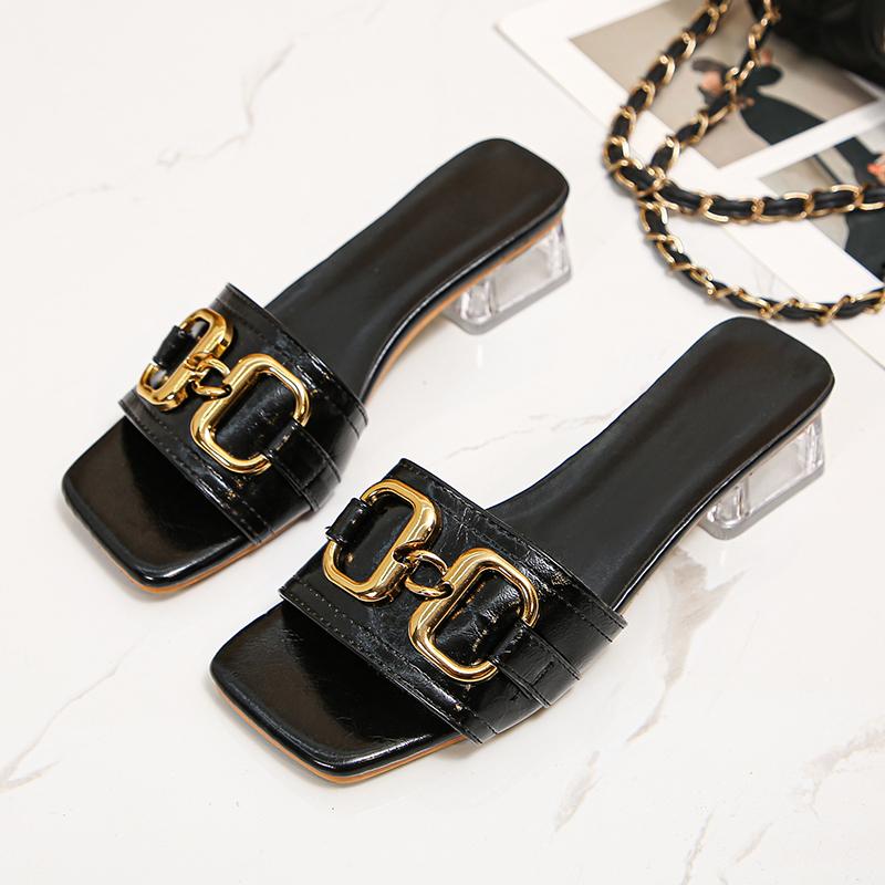 Aphixta 2025 Summer 4cmTransparent Square Heels Women Sandals Slides Pearl Butterfly-knot Open Toe Flip Flops Mujer Big Size 45